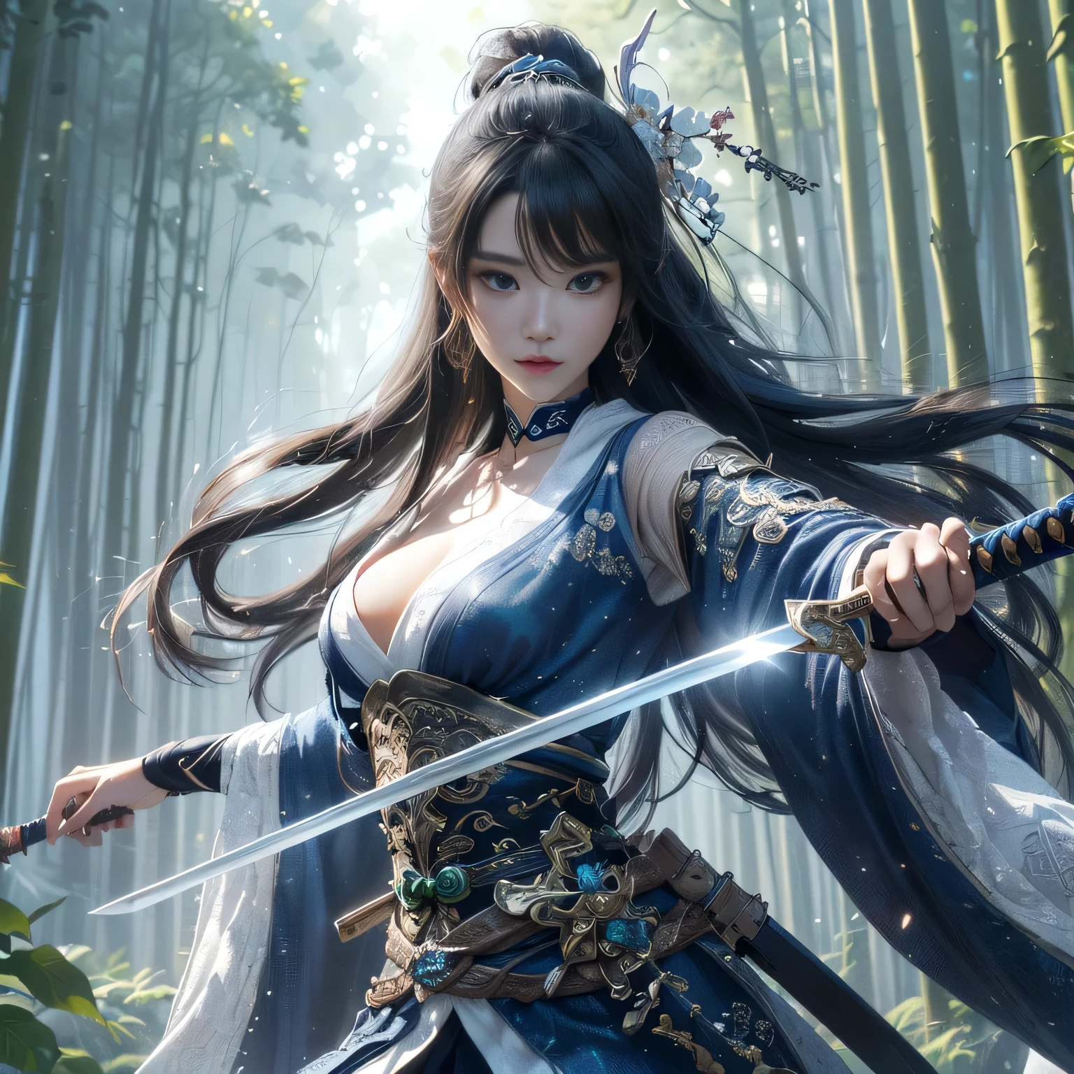 Close-up of a woman holding a sword in the forest, 2. 5d cgi anime fantasy artwork, ArtJam and Luan Jia, 4K Fantasy Art, Luan Jia and ArtJam, cgsociety と fenghua zhong, Inspired by Chen Yifei, Chengwei Pan at Art Station, Fan Art Best Art Station, Digital fantasy art )