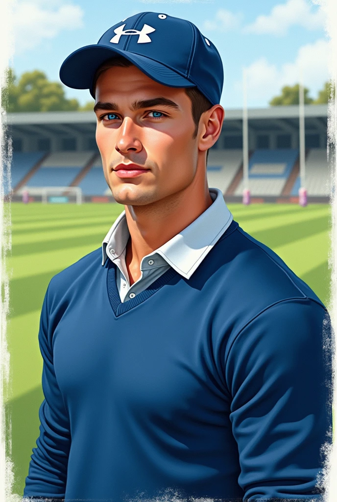Realistic drawing of an extremely handsome 1 young man, fit, of Brown hair,  very blue eyes, clean face, with a blue sweatshirt with a collar, and a blue cap, on a rugby field 