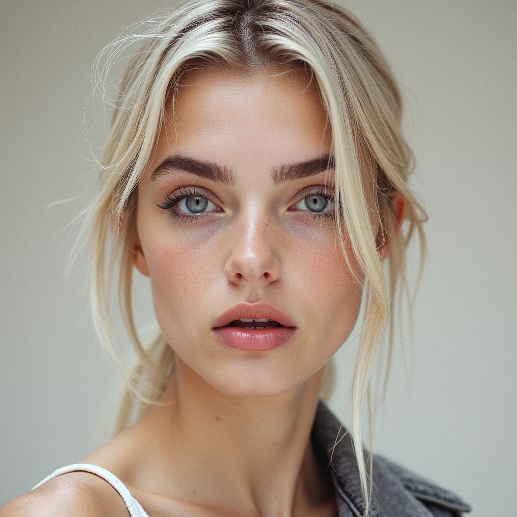 a young woman with striking features. She has fair skin with visible freckles, clear eyes, and fleshy lips. Her hair is straight and loose, with a bit of a messy part. Her facial expression is serene and confident, and the soft lighting highlights its features. The background is neutral, which helps to focus on the central figure. wearing a white sleeveless crop top and black skinny jeans, with a black denim cropped jacket on top. in a minimalist and elegant living room In dynamic pose. 60K