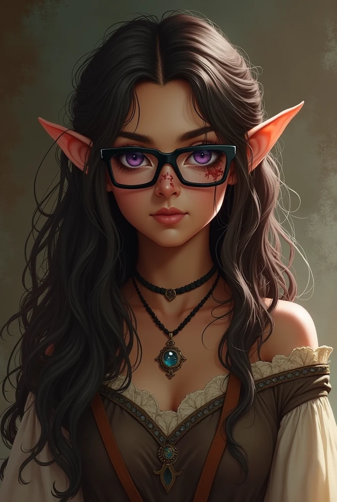 A short elven woman in medieval clothes, long wild wavy brown hair, purple eyes, dark skin, black square glasses and a scar on her left eye