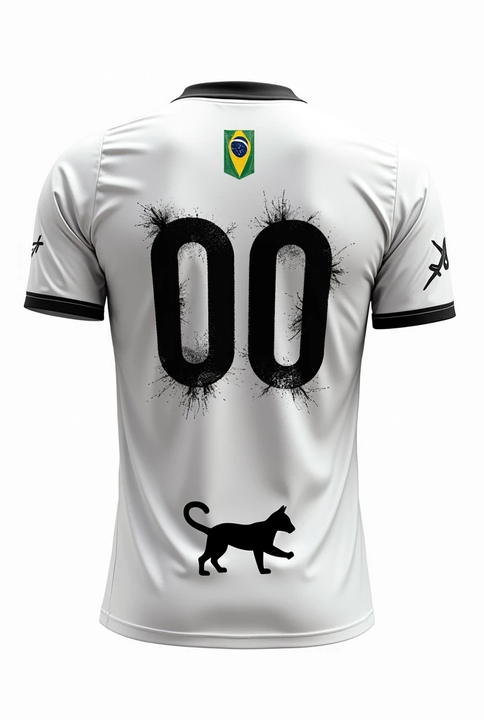Make the back of a white interclass shirt, with a small black wild pampeano pampas cat on the opponents, and with black scratch details on the shirt and in the upper left corner of the chest area, place the Puma symbol, This part of the shirt must contain the number 00 and below the number the name Palheiro Pampeano in small letters and above the number a small Brazilian flag