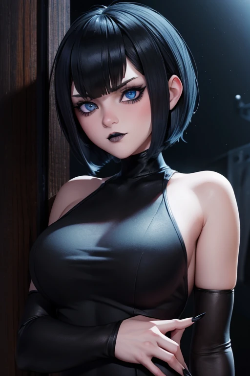 Bad ass, cute face and perverted look wiewer ,bobcut hair, makeup gothic, blue eyes, black nail paint