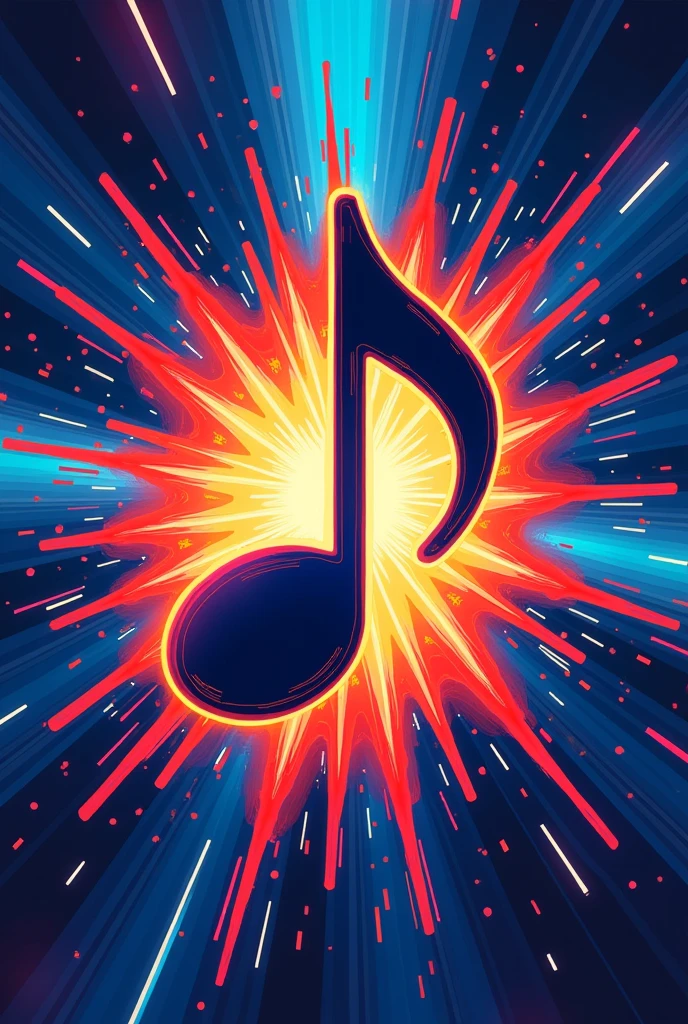 a musical note exploding in blue and orange hues, inspired by the 80s