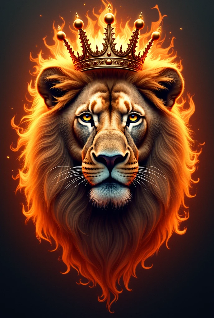 A lion's face with a crown , flames and notable musical figures, Ao fundo