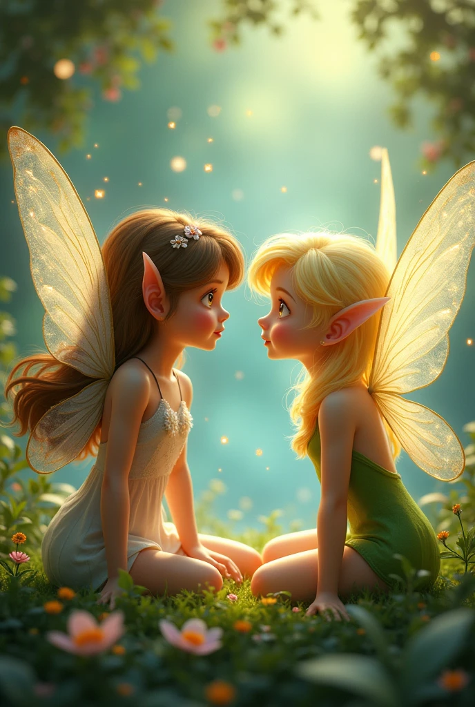 The fairy with brown hair observing the fairy with a blonde hair