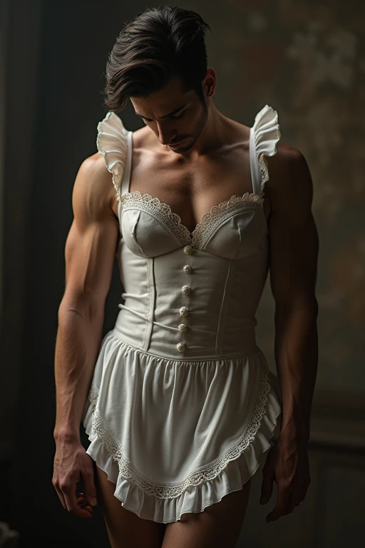 I want you to imagine a tall man, he is wearing a sexy maid outfit, he has a neck collar, and his gaze is one of total submission.