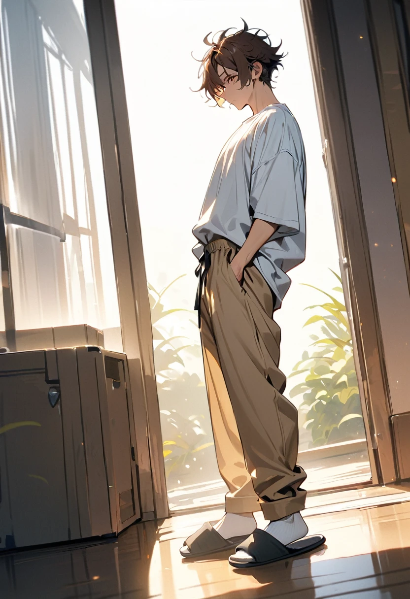 masterpiece, best quality, perfect lighting, high resolution, 1 guy, very tall, handsome, brown hair, messy hair, wolf cut hairstyle, amber eyes, white baggy shirt, baggy beige khaki pants, white socks, slippers, tired demeanor, full body view, white background
