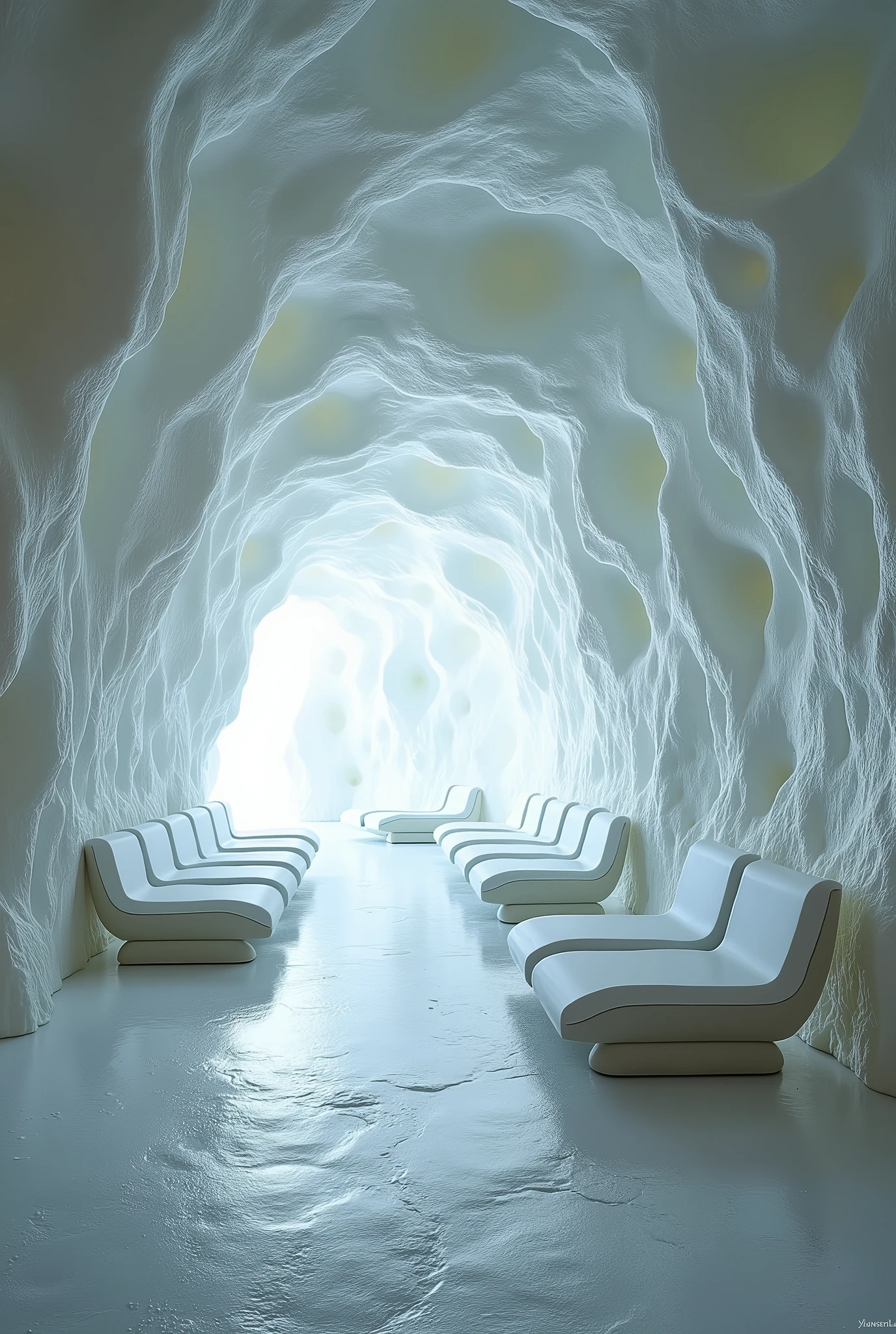 A room in a cave whose walls are covered with salt. The style is futuristic natural art. There are futuristic chairs along the walls.