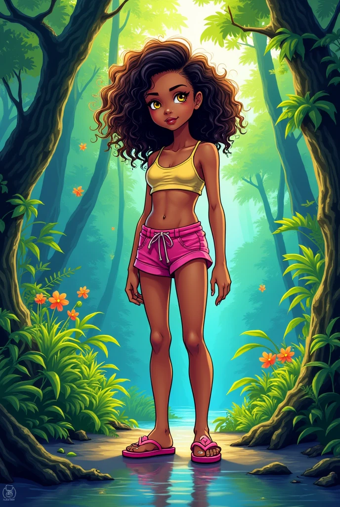 A young age girl with tanned skin, yellow eyes and curly frizzy hair reflecting in the middle of a forest, she is wearing pink havaianas, I want vibrant and very eye-catching colors, comic book style.