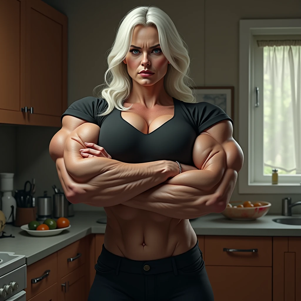 An adult female bodybuilder with white hair, dressed in dark colored clothing, with a short-sleeved blouse and black pants, displaying even larger and more exaggerated muscles, with veins that stand out clearly on his skin. He has his arms crossed, looking down on him, highlighting his impressive strength and muscle definition. bothers, he would be, the kitchen of a house is located, adding a homely touch to the contrast with its powerful presence.