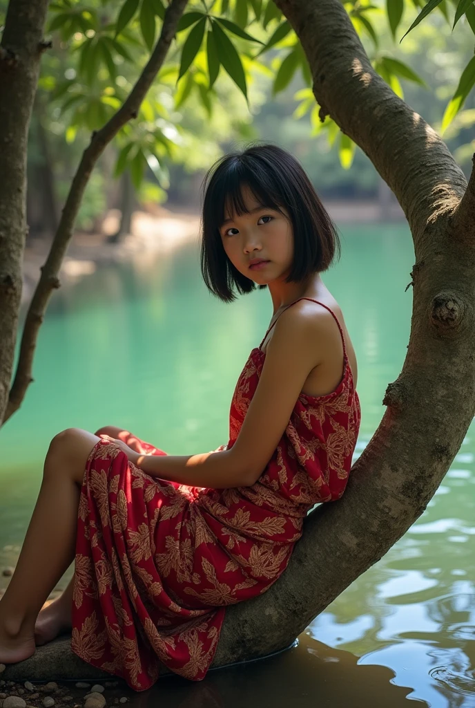 8K photorealistic images, A young girl,short hair,Height 165 cm,Has a typical Indonesian bronze skin,Wearing red kebaya cloth and worn batik cloth,Sitting under a banyan tree, straddling its branches。. 她No pants,So hers is obvious.. She lies by the lake,Wear only one top,No pants,Can see trees and hills