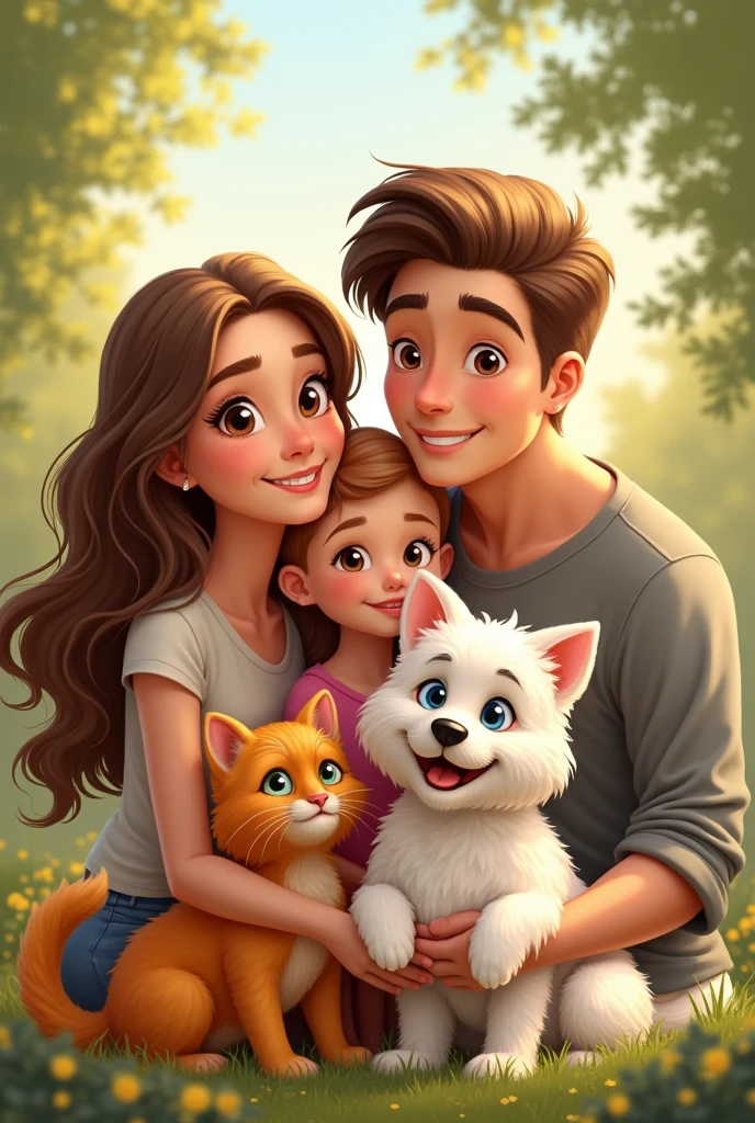happy family: Mom 40 years old blonde with brown eyes, dad 40 years old short brown hair, Brown eyes,   daughter long brown hair, Brown eyes,   blond blue eyed son with 1 orange tabby kitten and a white westie dog