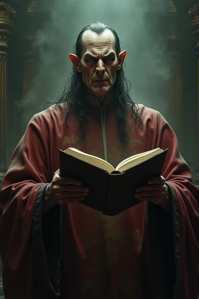 Create the image of a false prophet with an evil face and blood on his hands preaching the Bible