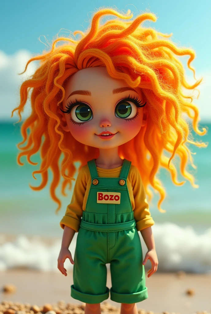 Briggitte Bozo blythe doll , long curly orange yellow hair , green eyes , green overalls that say Briggitte , at sea