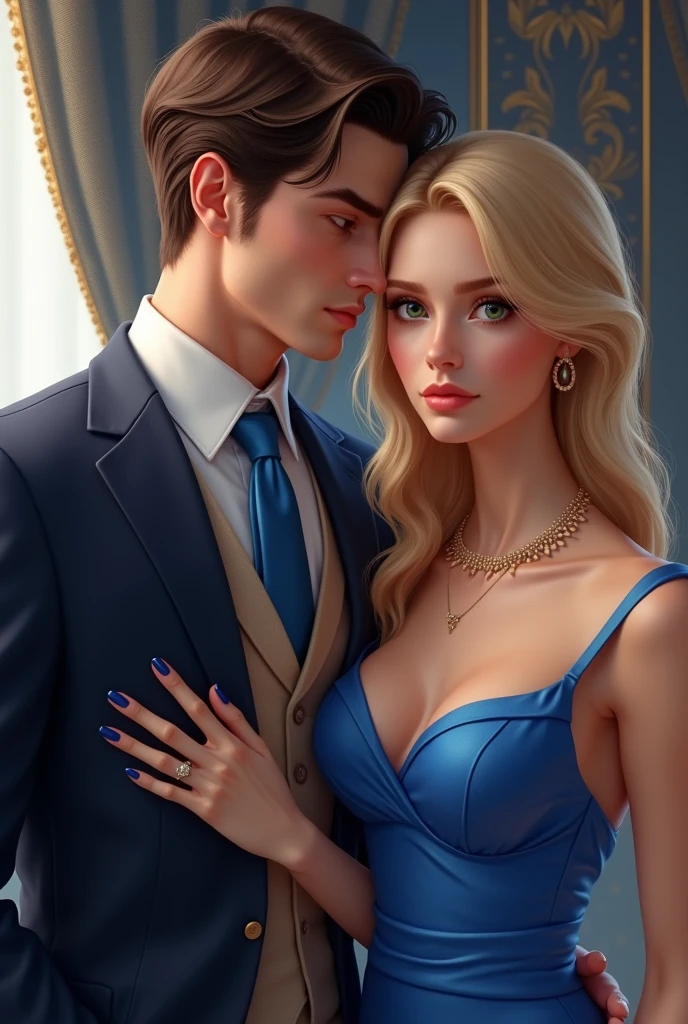 (Photorealism:1.2), man in a suit with a blue tie dark brown hair brown eyes and a woman with blonde green eyes long hair wearing a blue dress e unhas pintadas de azul at an elegant 8k ultra realistic photorealistic super detailed the best possible