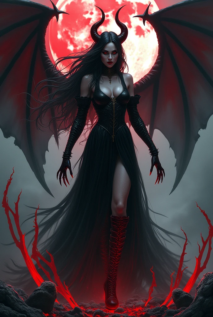 Cold Queen，box full of swords images, wing, succubus theme，fallen angel，Excellent，scary，secret horror，tentacle，have eyes，uncanny valley effect，little beast blood moon，skull skeleton，vampire，Hellfire，Demon Queen，Wear red high-heeled boots，red skinned devil