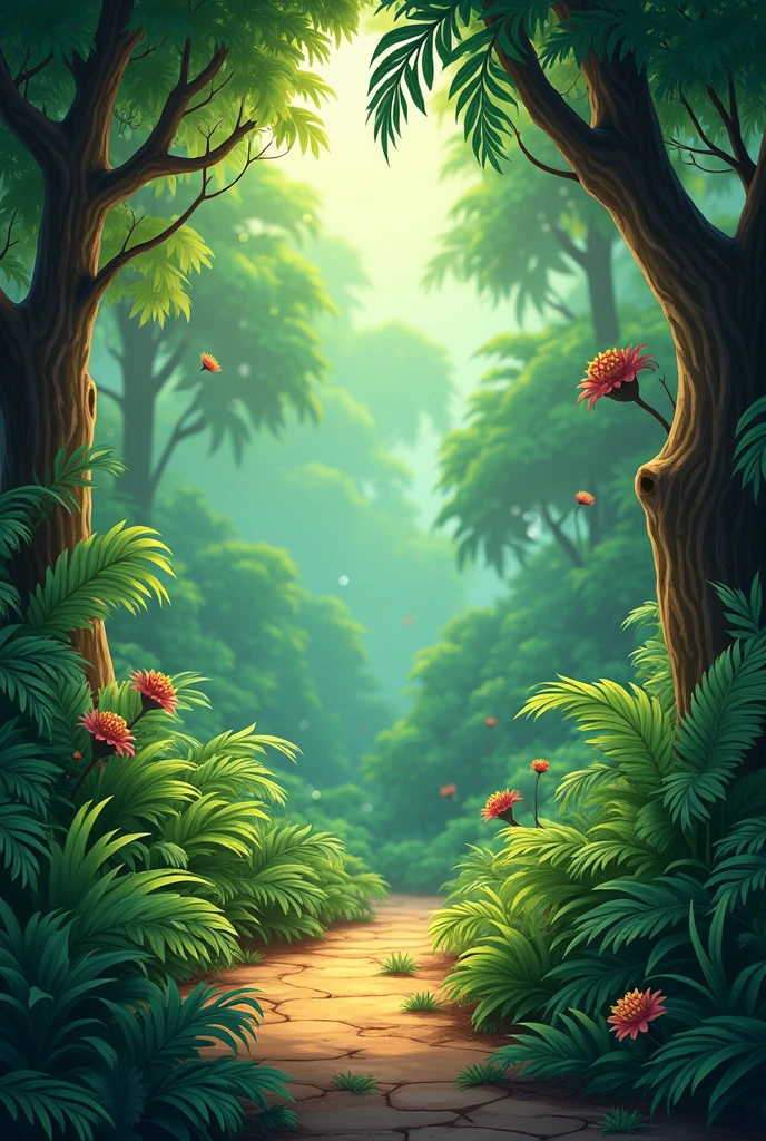 A jungle-textured background with brown and green details, I want a fully animated background with no realistic stuff