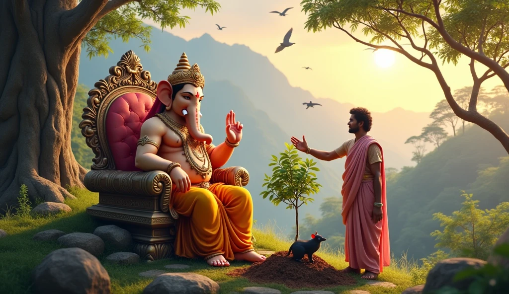 High quality ultra HD image of Lord Ganesha blessing with his front right hand to Indian man. Lord ganesha is seating on sinhasan. Indian Man is planting tree and he has wear traditional indian dress. Natural background with mountains of mahabaleshwar, many trees and many birds flying on sky. one mouse and one large elephant near lord Ganesha. Lord Ganesha is very happy and smiling.