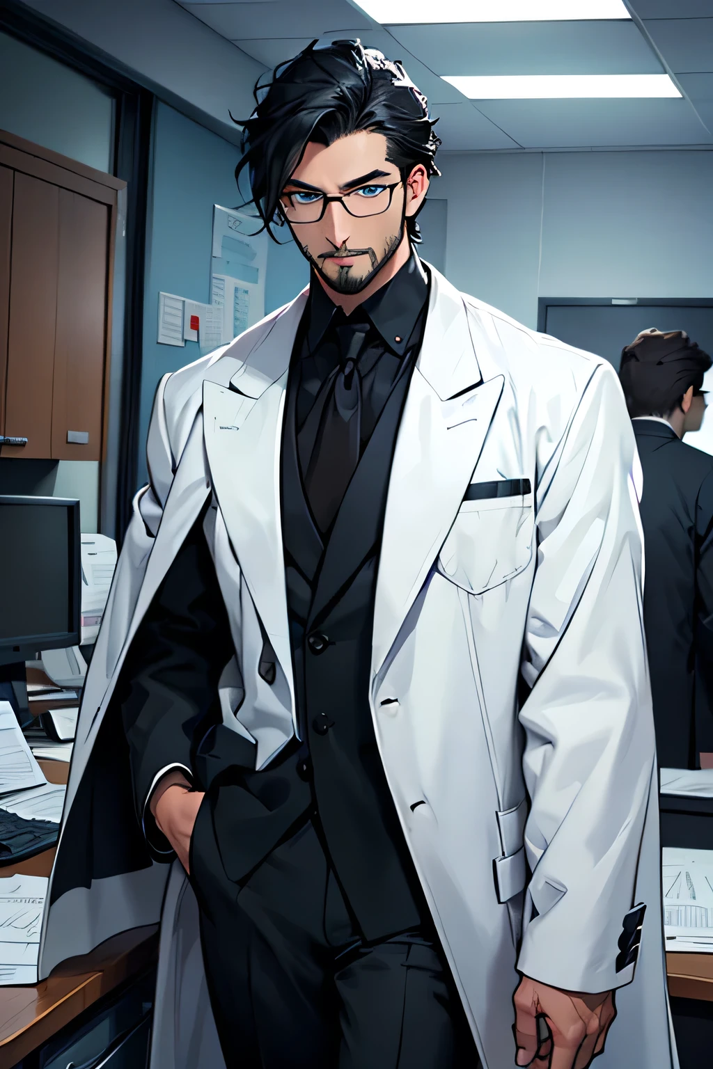 A handsome man with black hair and blue eyes wearing a white coat and a black suit under the coat, with a stethoscope around his neck on a table in a doctor's office. He wears glasses that give him an intelligent appearance and has a distant and dark expression, he is pale like a vampire and has a well-groomed low beard that gives him a mature look