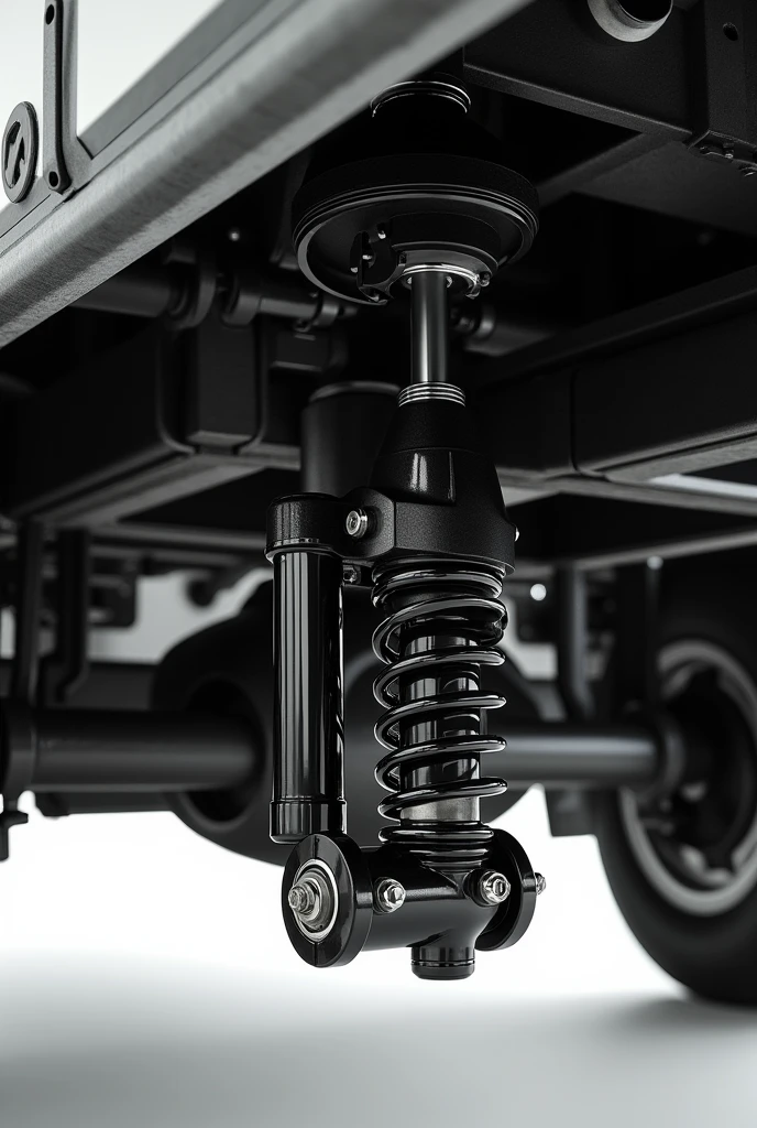 Generates a vertical image of 1,080 x 1,920 px. Where you can see the suspension parts of a truck, focusing on the shock absorber. Let the image be black and white with a sophisticated approach