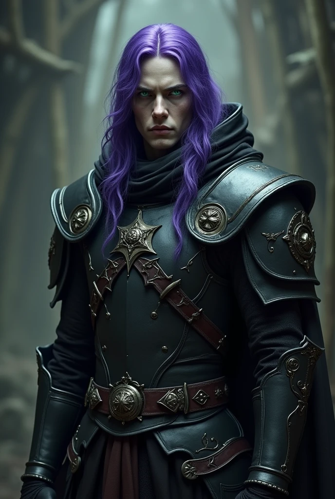 male, pale, purple long hair, Green eyes , serious , dark clothing , armor .