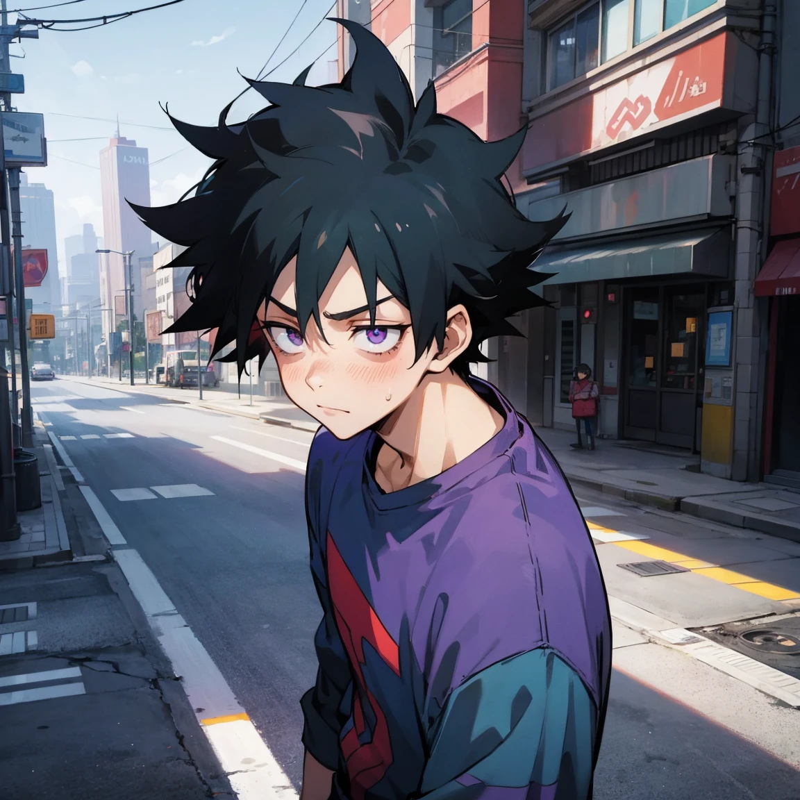 1male , Purple Eyes , Sad Expression , Black Hair , Messy Hair , Blue Jeans , Modern City Background , My Hero Academia , Tired Eyes , Standing on sidewalk , Adult Male