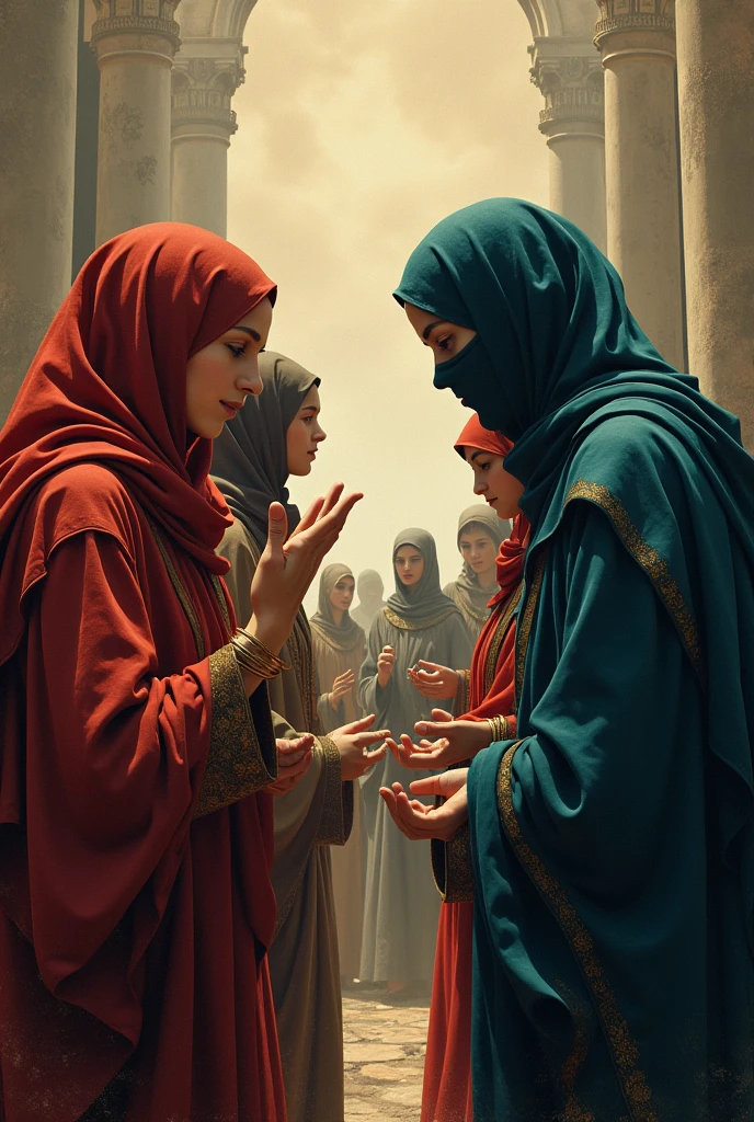 create a cover for the book HEROINES OF FAITH: A DUEL BETWEEN THE WOMEN OF THE BIBLE AND THE QURAN , with women characters from the QUR'AN and the Bible, some depicted as in the time of Jesus, facing themselves, dressed as THE QUR'AN DESCRIBES THEM. one of them has her face covered like a Muslim
