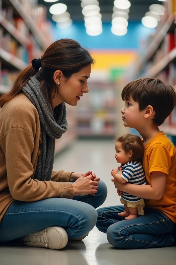 A touching scene of a concerned woman kneeling beside a boy in a busy store aisle. The woman gently leans in to ask the boy a question, her expression soft and caring. The boy, holding a doll tightly, looks up at her with a mixture of sadness and hope. The background shows shelves of toys, subtly blurred to keep the focus on their interaction