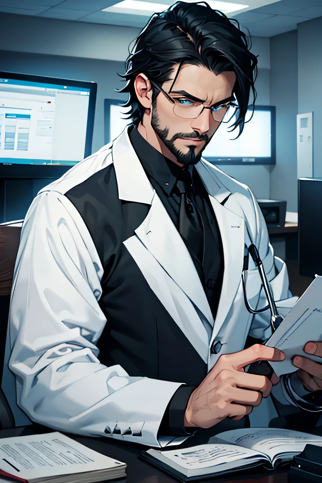 A handsome man with black hair and blue eyes wearing a white coat and a black suit under the coat, with a stethoscope around his neck on a table in a doctor's office. He wears glasses that give him an intelligent appearance and has a distant and dark expression, he is pale like a vampire and has a well-groomed low beard that gives him a mature look