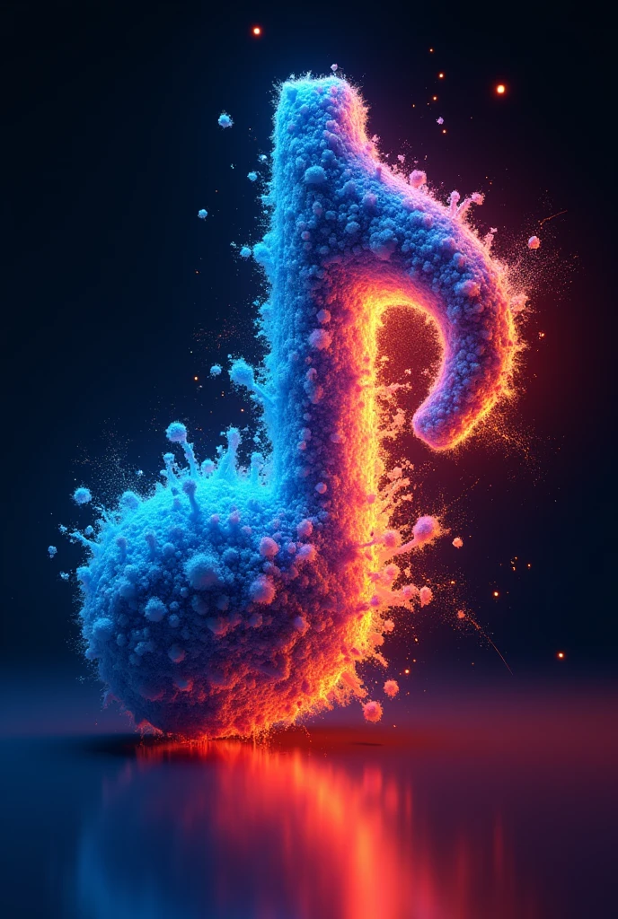 a 3D musical note exploding in blue and orange hues, inspired by the 80s
