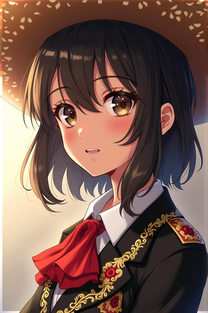1 teenager, Mexican complexion, shoulder hair, black color with loose chocolate brown strands, heterochromatic eyes, Chocolate and silver coffee, Mariachi Costume, anime. 