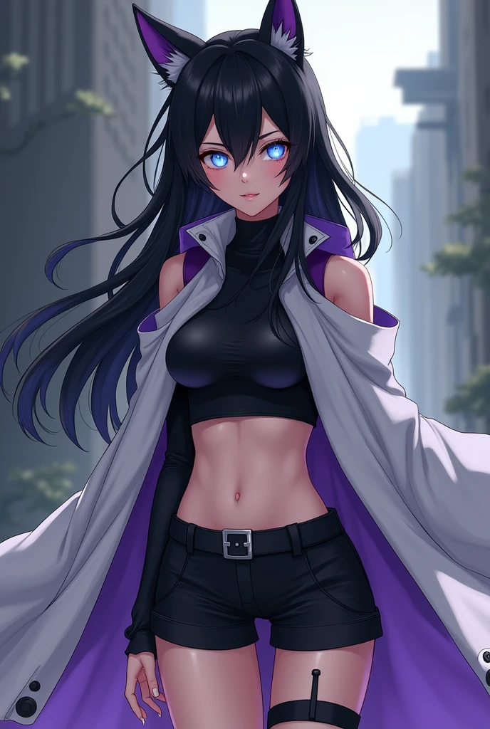 Anime Naruto clothes, feminine , long black fur, light blue eyes , black top clothing, black shorts and white cape with purple