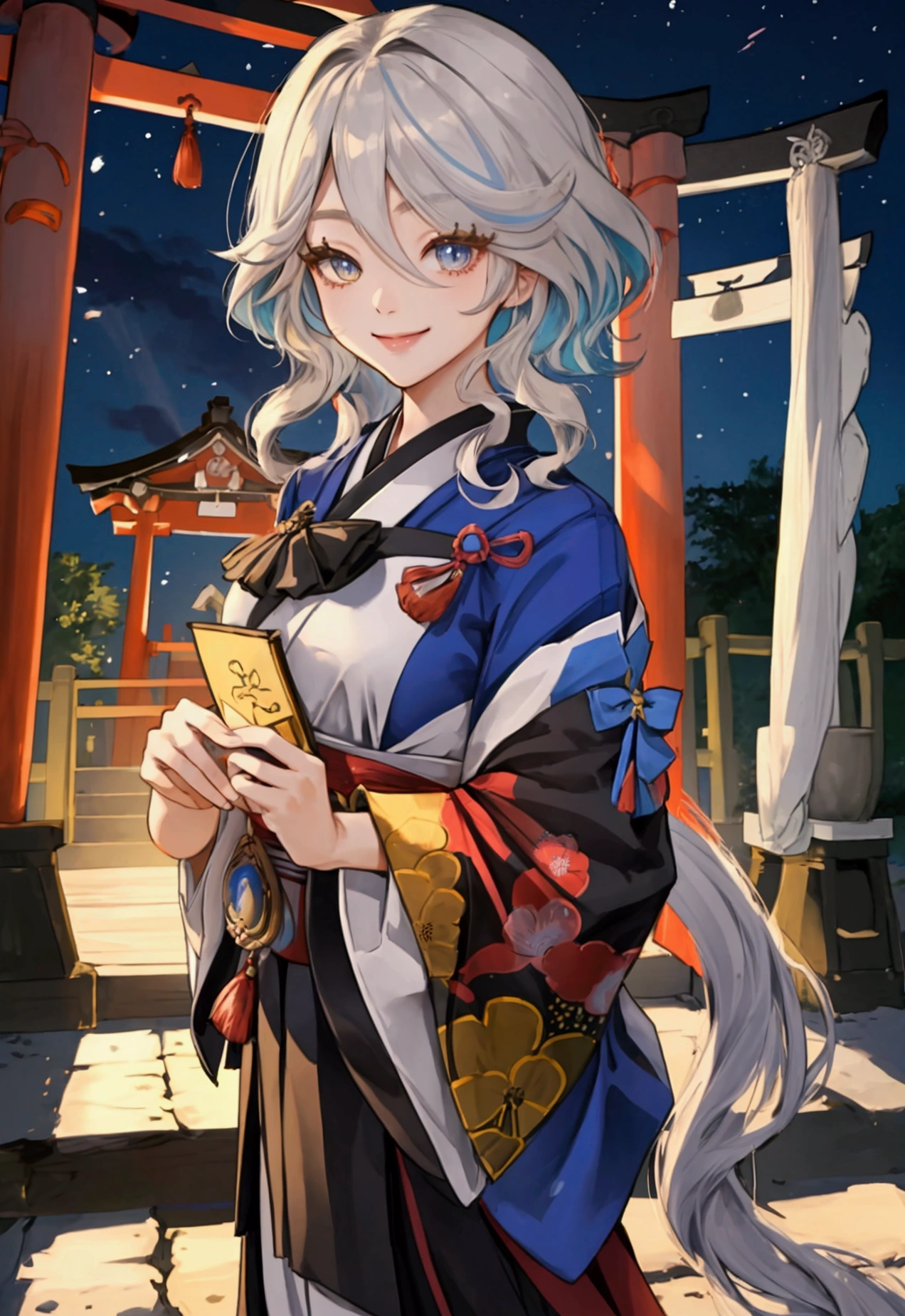 masterpiece, ultra detailed, female, japanese,casual dress,posing,tall,double eyelid,smiling,twin tail,night,shinto shrine,dslr,highly detailed,japanese