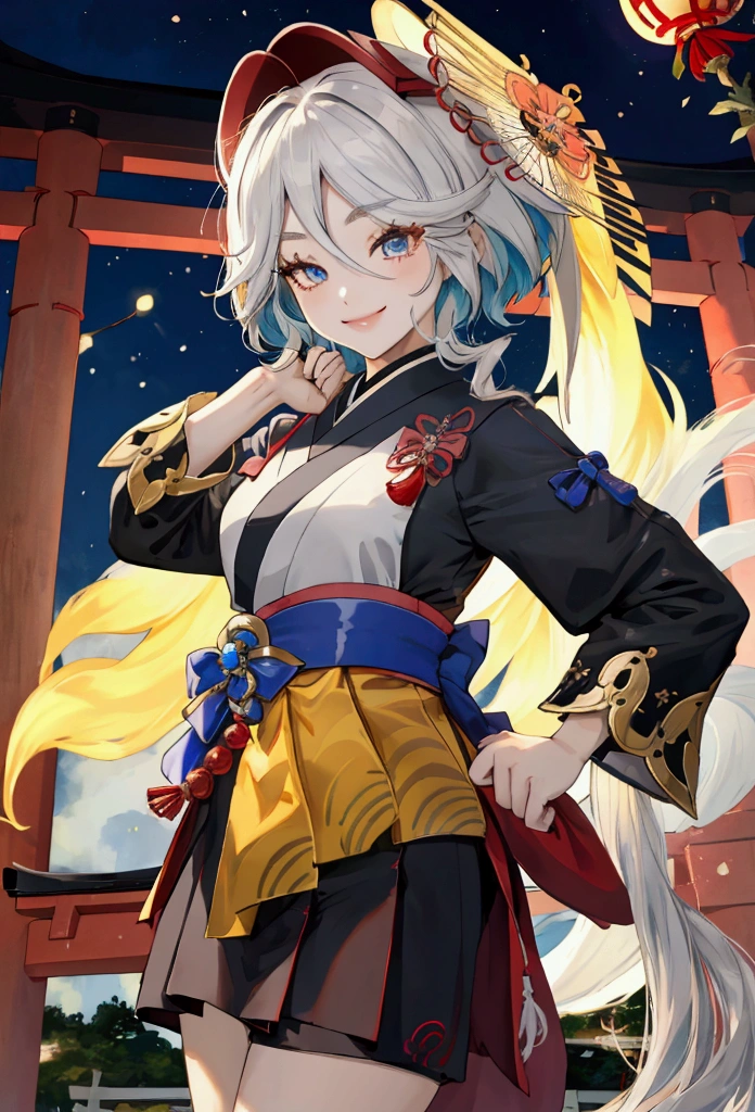 masterpiece, ultra detailed, female, japanese,casual dress,posing,tall,double eyelid,smiling,twin tail,night,shinto shrine,dslr,highly detailed,japanese