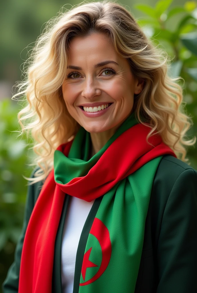 Close up, woman, fat, blonde, wearing beautiful jacket, with colorful scarf in the colors of the Algerian flag white, green and red, green natural background,
