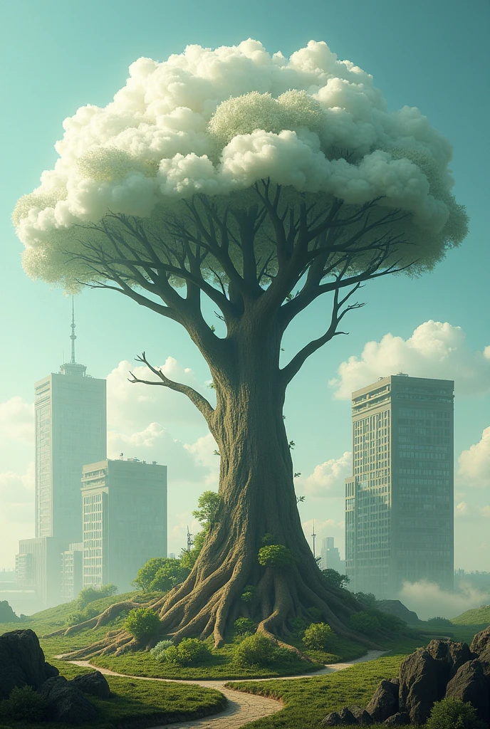 Generate a tree and make its leaves cloud-shaped, from its roots generate the different representations of technology and as a background for the image three buildings, one larger than the other, the first in the center, the second a little more to the right of the first and the third more to the left of the two.