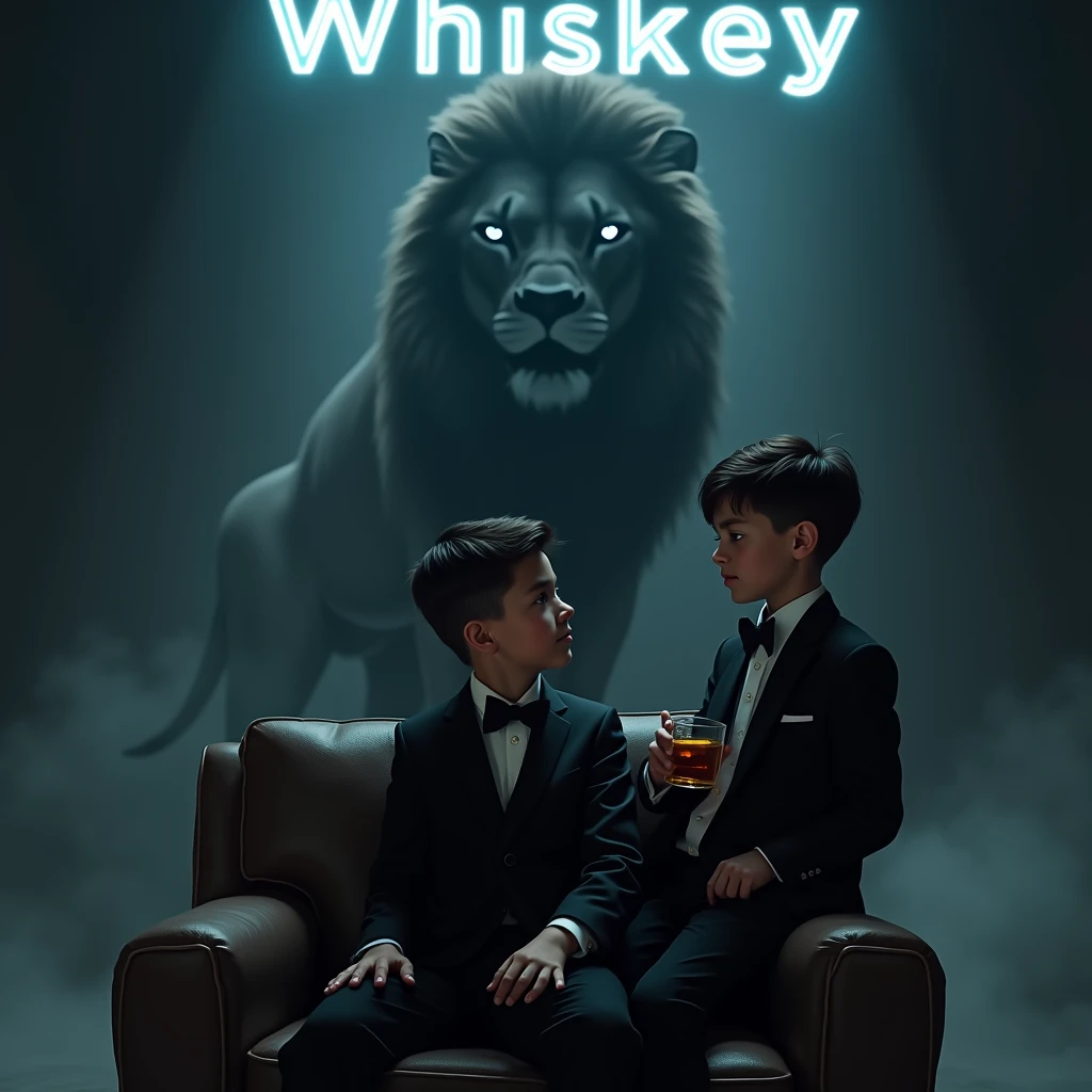 Create a realistic image where a 2 boy  wearing black luxury suit and sitting on a king size chair, he's holding a whiskey glass in his hand, there is smoke in the background of a shadow of a lion and lion's eyes is glowing in blue colour. In background the name "whiskey" is showing in bold and neon effects just above the head of the character as per his name.