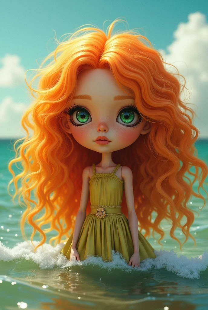 Briggitte Bozo blythe doll , long curly orange yellow hair , green eyes , at sea
