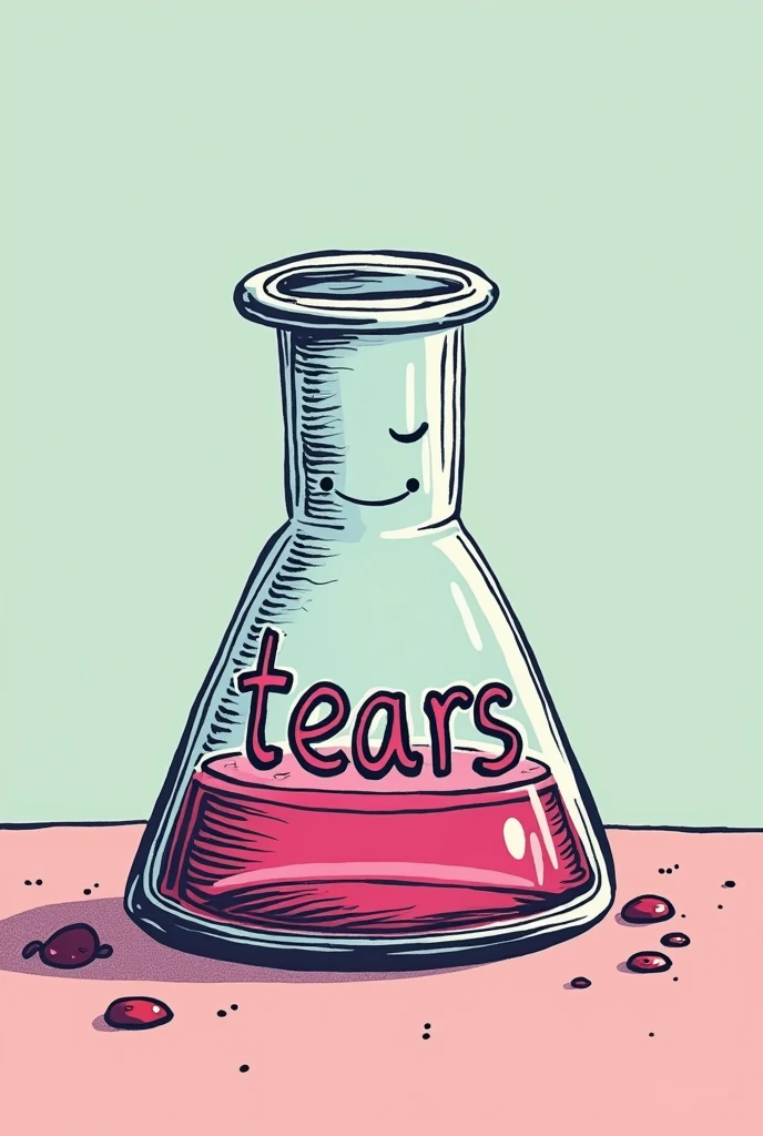 A Herlen Mayer flask or beaker that says "tears" with the style of Melanie Martinez 2d animated caricature