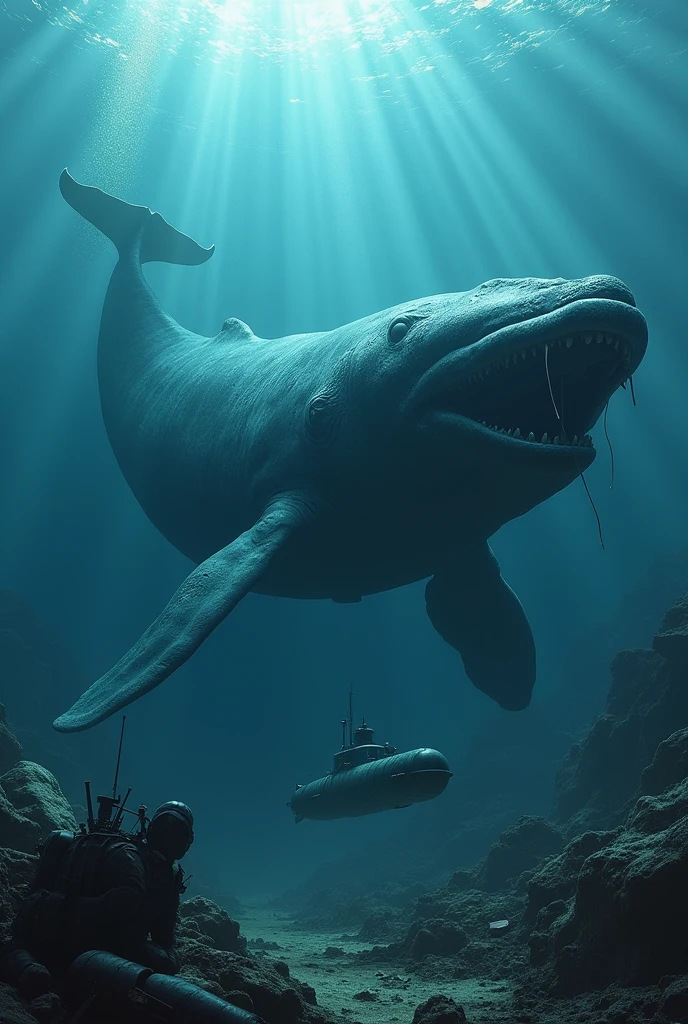 Whale in the depths of the sea with a submarine approaching it, submarine trying to escape to defend itself damaged creature whale biting sea mines