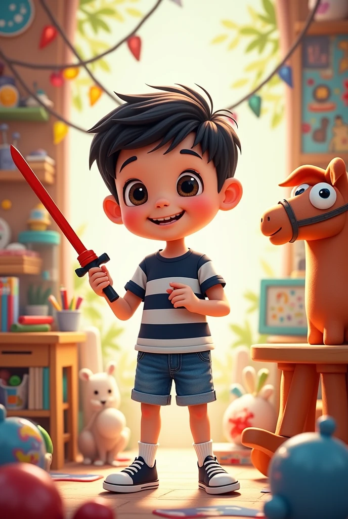 cartoon centered around him many toys, carts, red sword wooden rocking horse crayons paintbrushes colored pencils short black hair dark brown eyes fair skin wearing navy blue and white striped shirt jean shorts white socks converse black cheerful and innocent look 