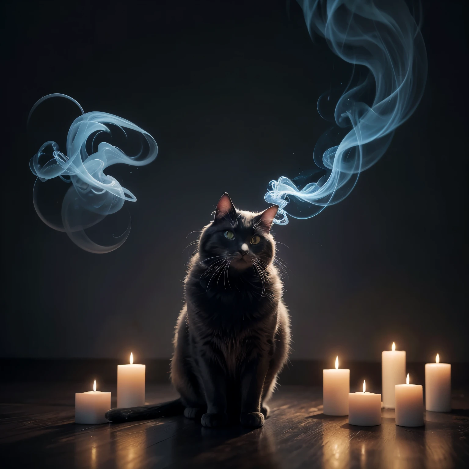 A mesmerizing image of smoke elegantly forming a lifelike cat silhouette in mid-air. The intricate details and vibrant colors of the cat, along with the perfect balance of smoke density and airiness, create an incredible visual effect. The background reveals a mystical or enchanted setting, possibly a dimly lit room with candles and a moonlit sky. The combination of photo, illustration, 3D render, and painting techniques make this piece a true masterpiece., 3d render, photo, painting, vibrant, illustration