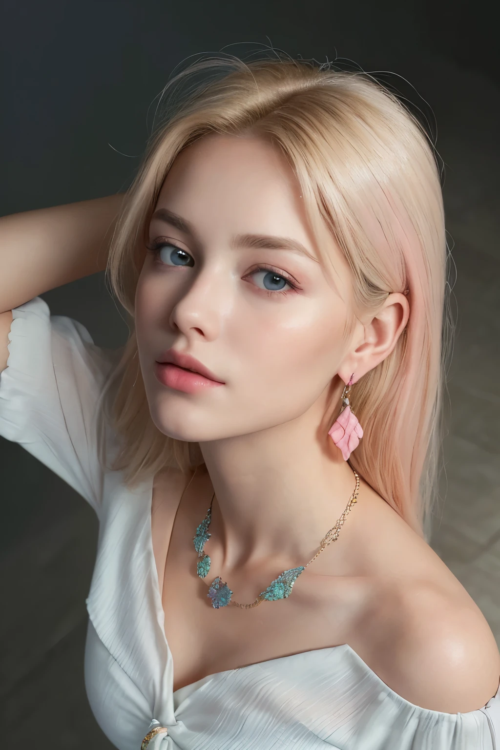1 2 blonde woman with long hair posing for a picture, (Beautiful blonde woman), beautiful blonde woman, (She is blushing and making a kissy face:1.4), ((Her face is turned upwards:1.5)), Well-cared for beautiful blonde, 8K Portrait, ((Photograph from the front:1.4 and camera angle of view from above:1.4)), Smooth blond woman, (Slim figure top model:1.2), breast enhancement, (Blonde Swedish woman), ((The blonde eyebrows are raised and furrowed:1.5)), ((Heavy breathing)), Glossy long blonde hair, ((She's droopy moist eyes and Super thinly opened eyes:1.4)), ((she is looking up at the viewer from below:1.4)), ((Her thick plump and shiny lips half-open:1.5)), (A photo from the shoulders up:2.0), (A person in the center left and right, The whole head is shown:1.3), (Pastel colored blouse:1.3), (A very simple necklace and very simple earrings), Perfect Makeup, Light shining in her face in a dark room, 8k