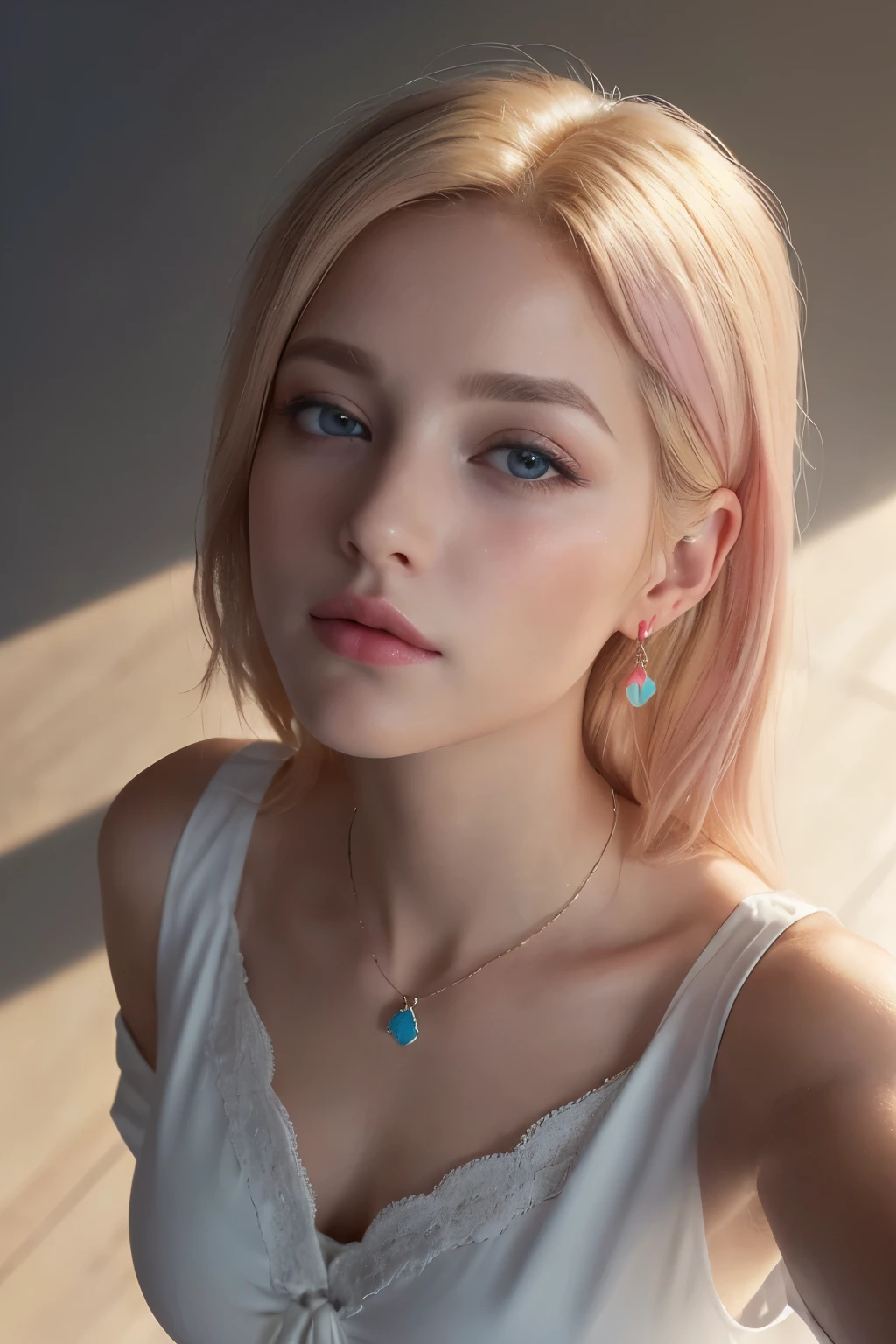 1 2 blonde woman with long hair posing for a picture, (Beautiful blonde woman), beautiful blonde woman, (She is blushing and making a kissy face:1.4), ((Her face is turned upwards:1.5)), Well-cared for beautiful blonde, 8K Portrait, ((Photograph from the front:1.4 and camera angle of view from above:1.4)), Smooth blond woman, (Slim figure top model:1.2), breast enhancement, (Blonde Swedish woman), ((The blonde eyebrows are raised and furrowed:1.5)), ((Heavy breathing)), Glossy long blonde hair, ((She's droopy moist eyes and Super thinly opened eyes:1.4)), ((she is looking up at the viewer from below:1.4)), ((Her thick plump and shiny lips half-open:1.5)), (A photo from the shoulders up:2.0), (A person in the center left and right, The whole head is shown:1.3), (Pastel colored blouse:1.3), (A very simple necklace and very simple earrings), Perfect Makeup, Light shining in her face in a dark room, 8k