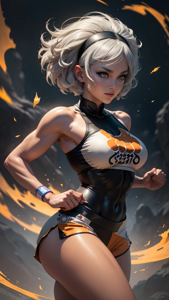 Bea da pokemon,(best qualityer,4K,8k,high resolution, work of art:1.2)(weather: windy), kung fu temple background, short curly hair, gray hair, cropped shirt, micro shorts, thigh high stockings, headband, gloves, leotard, nipples, ultra detailed, realistic, beautiful detailed gray eyes, beautiful detailed lips, extremely detailed eye and face, extremely detailed hands, long eyelashes, average, large breasts, flying hair, beaming smile, powerful girl in a combat, kung fu stance, sweating, bright coloured, dramatic lighting, kung fu training,