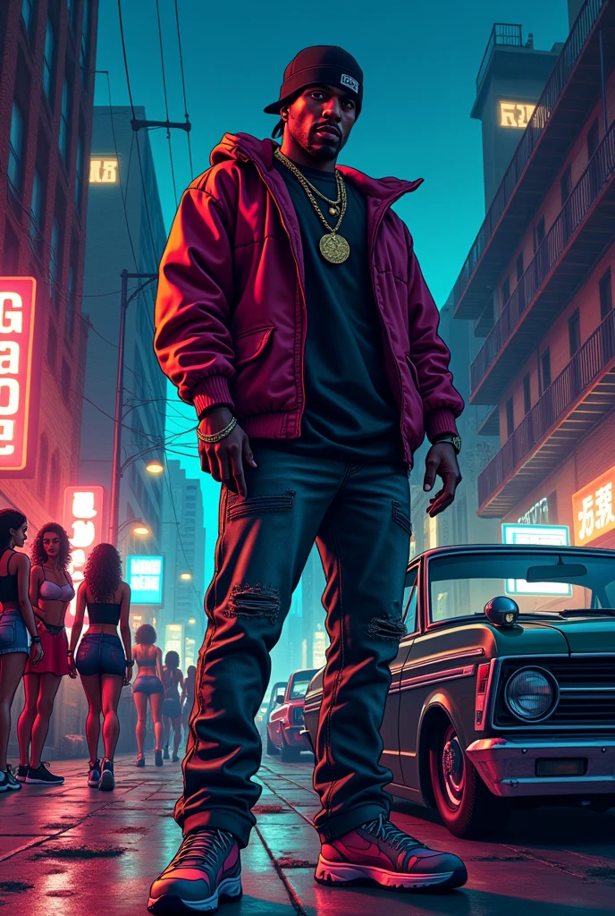 Rapper with black bandana,lowrider an ladies in background,night in ghetto,angarage text on number plate,manga