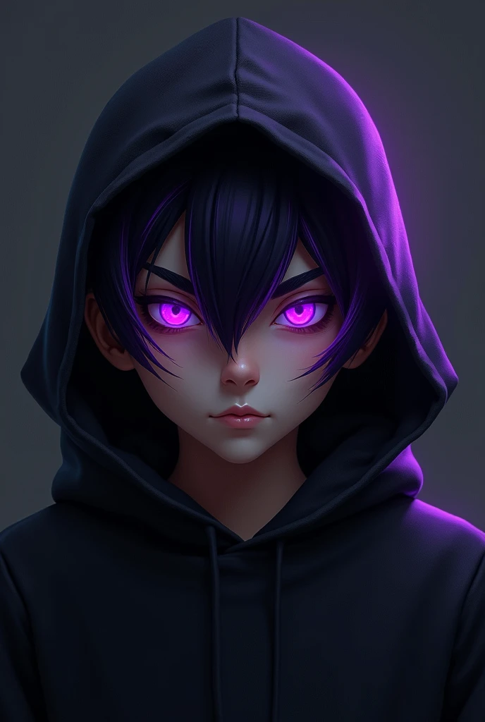 Black-eyed boy with purple pupils and black hair with purple streaks wearing a hoodie