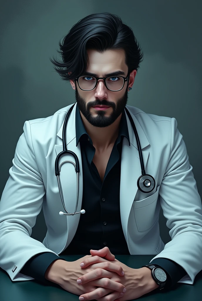 A handsome man with black hair and blue eyes wearing a white coat and a black suit under the coat, with a stethoscope around his neck on a table in a doctor's office. He wears glasses that give him an intelligent appearance and has a distant and dark expression, he is pale like a vampire and has a well-groomed low beard that gives him a mature look