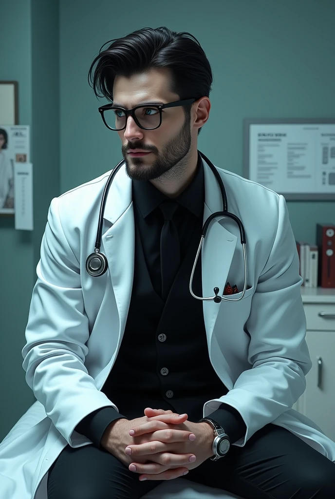 A handsome man with black hair and blue eyes wearing a white coat and a black suit under the coat, with a stethoscope around his neck on a table in a doctor's office. He wears glasses that give him an intelligent appearance and has a distant and dark expression, he is pale like a vampire and has a well-groomed low beard that gives him a mature look