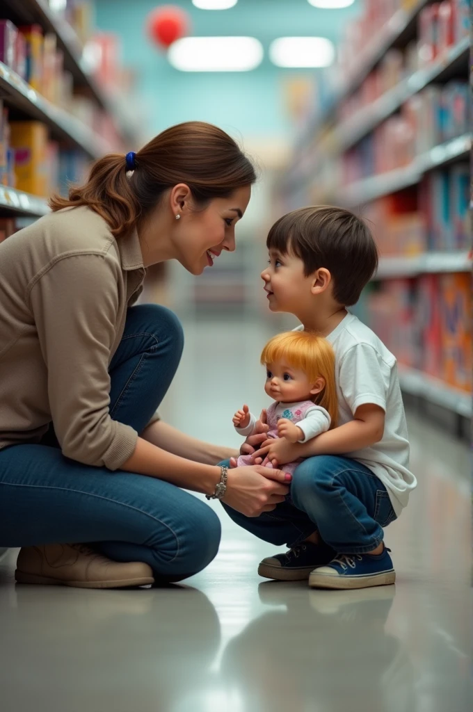 A touching scene of a concerned woman kneeling beside a  boy in a busy store aisle. The woman gently leans in to ask the boy a question, her expression soft and caring. The boy, holding a doll tightly, looks up at her with a mixture of sadness and hope. The background shows shelves of toys, subtly blurred to keep the focus on their interaction